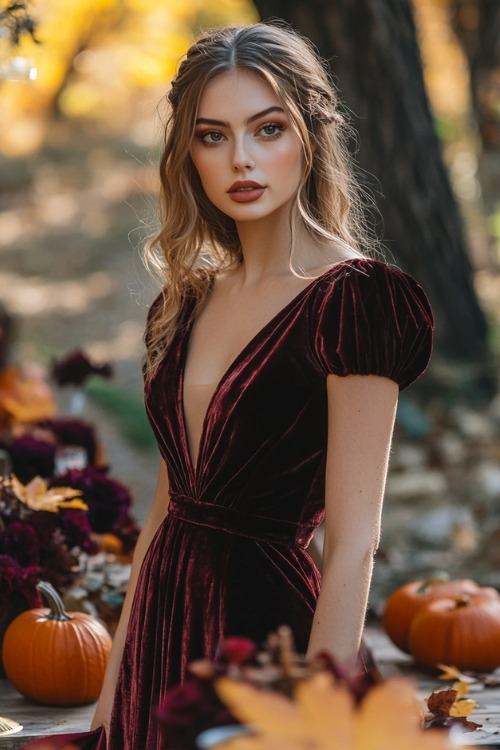 a woman wears a V neck velvet wedding guest dress with cap sleeves