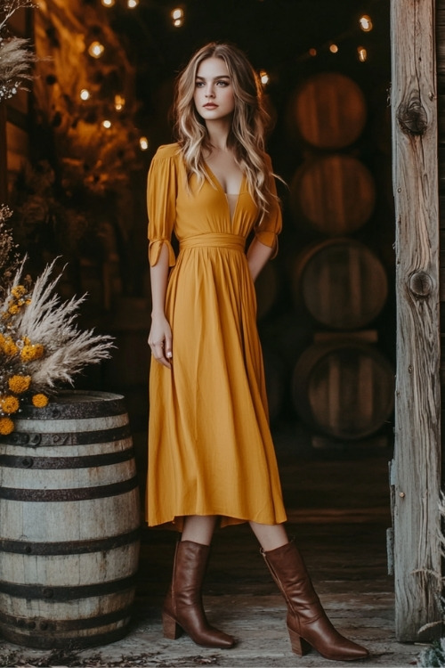 a woman wears a V neck yellow wedding guest dress and brown boots