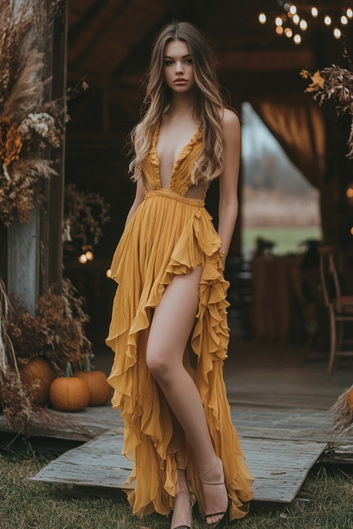 a woman wears a V neck yellow wedding guest dress and ruffle details