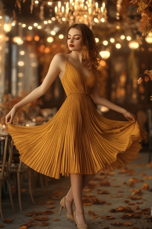 a woman wears a V neck yellow wedding guest dress with a flowing skirt