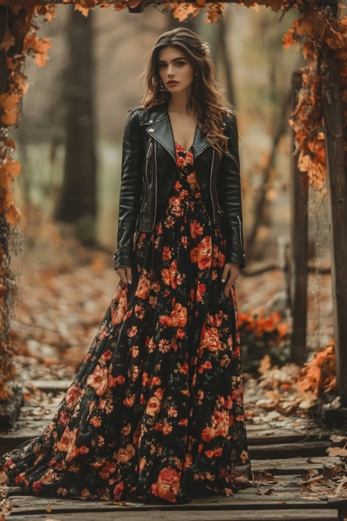 a woman wears a black floral wedding guest dress with a black leather jacket