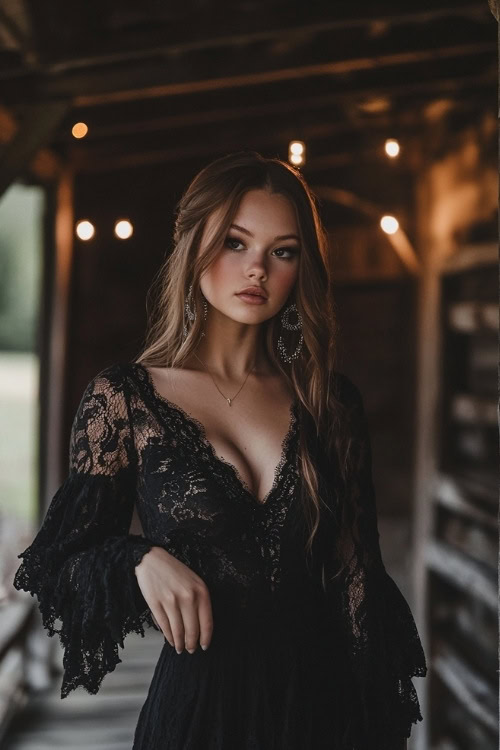 a woman wears a black lace wedding guest dress with a deep V neckline