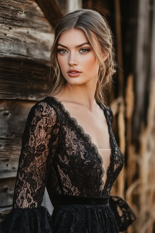 a woman wears a black lace wedding guest dress with a plunging neckline and ruffled sleeves