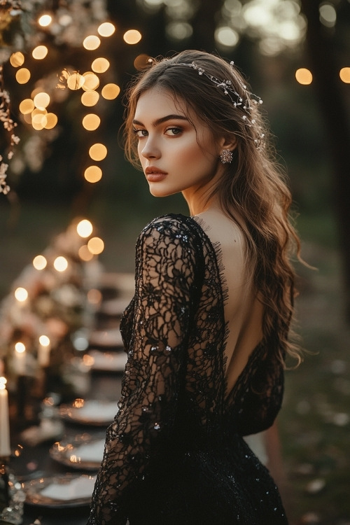 a woman wears a black lace wedding guest dress with an open back