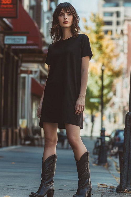 a woman wears a black shirt dress with black cowboy boots (2)