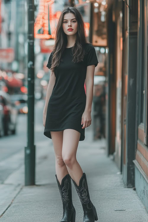 a woman wears a black shirt dress with black cowboy boots (3)