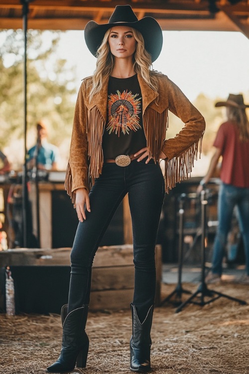 a woman wears a black top, dark jeans, black cowboy boots and a fringe jacket