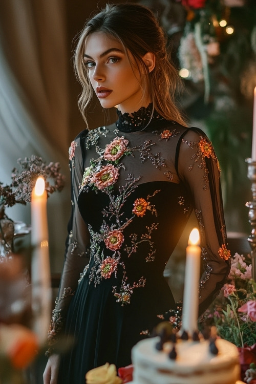 a woman wears a black wedding guest dress with floral details