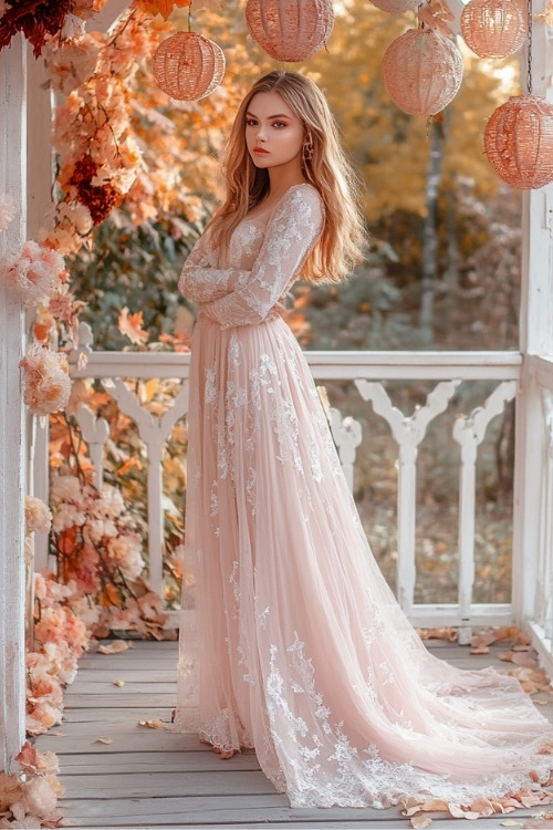 a woman wears a blush pink wedding guest dress with long sleeves