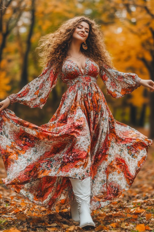 a woman wears a boho long dress and white cowboy boots