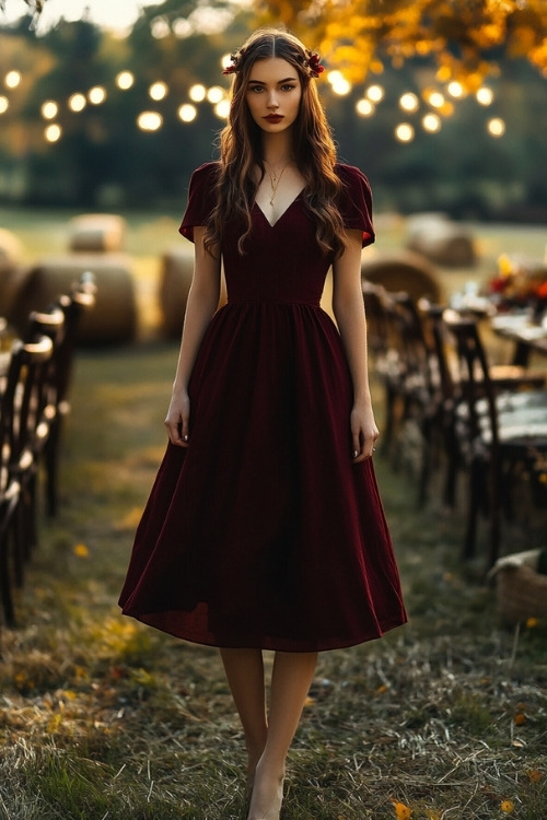 a woman wears a burgundy lace wedding guest dress with cap sleeves