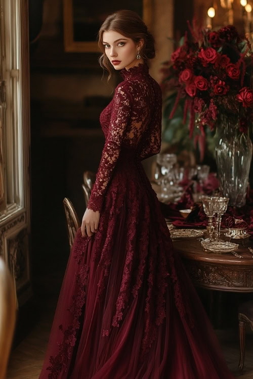 a woman wears a burgundy lace wedding guest dress with long sleeves