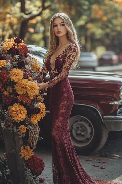 a woman wears a burgundy lace wedding guest dress with sheer sleeves