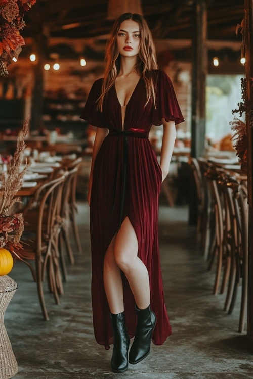 a woman wears a burgundy wedding guest dress with flutter sleeves and black boots