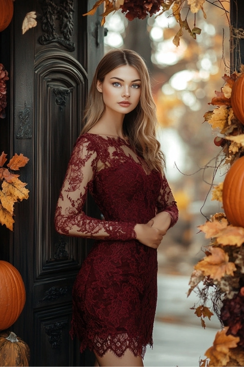 a woman wears a burgundy wedding guest dress with long sheer sleeves