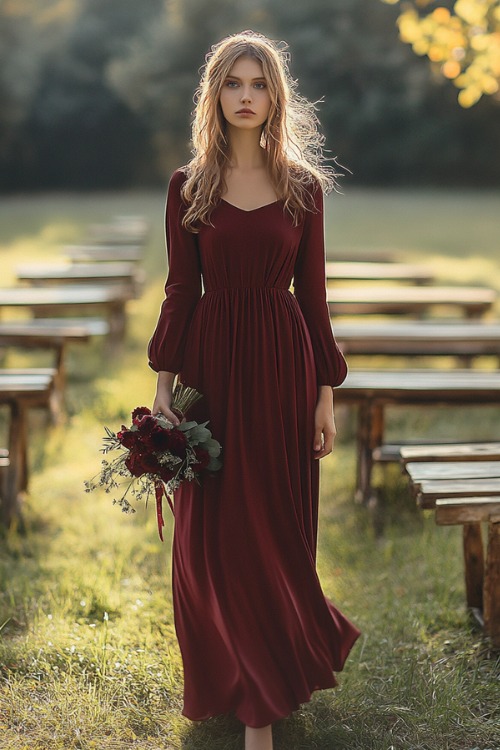 a woman wears a burgundy wedding guest dress with long sleeves