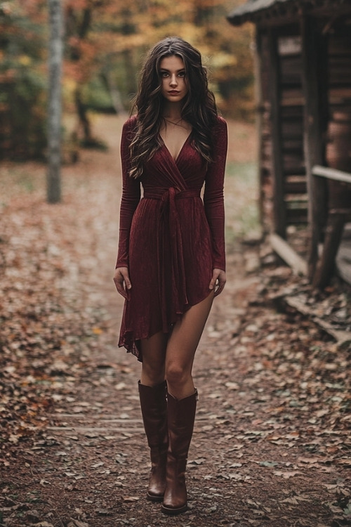 a woman wears a burgundy wrap-style wedding guest dress and brown boots