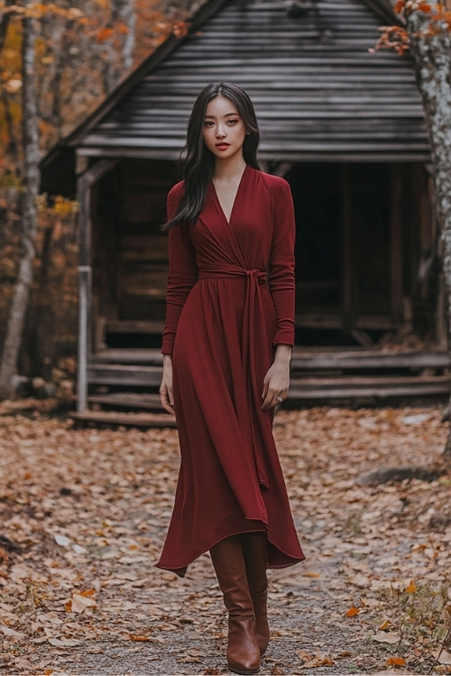 a woman wears a burgundy wrap style wedding guest dress with long sleeves and brown boots