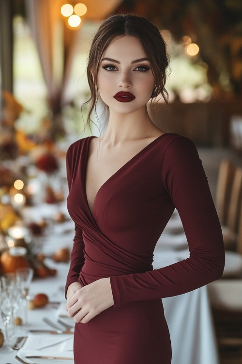 a woman wears a burgundy wrap wedding guest dress with long sleeves