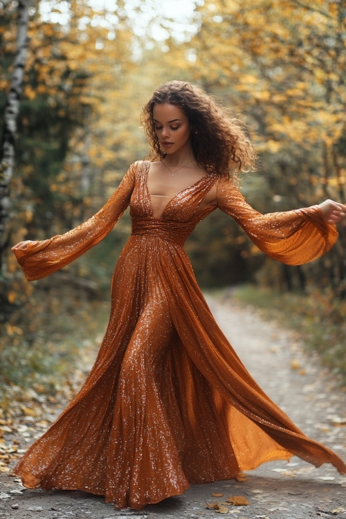 a woman wears a burnt orange glittering wedding guest dress with long sleeves