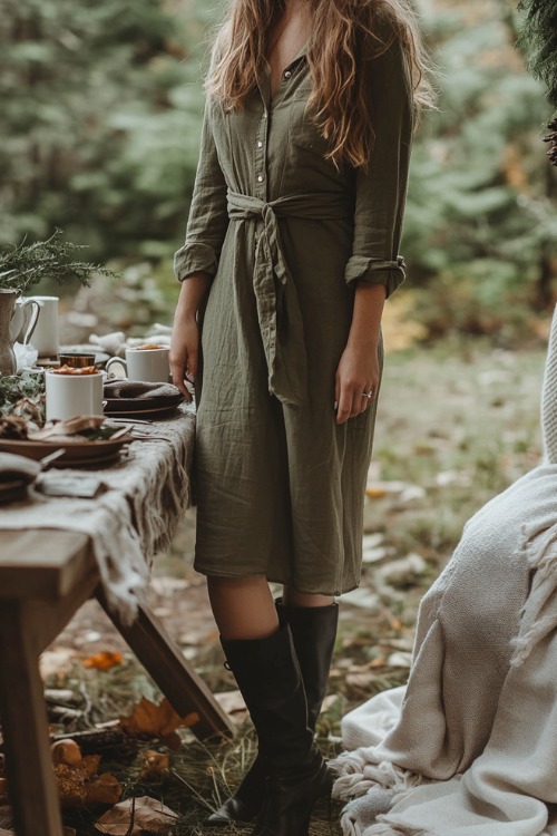 a woman wears a button up green wedding guest dress with black boots