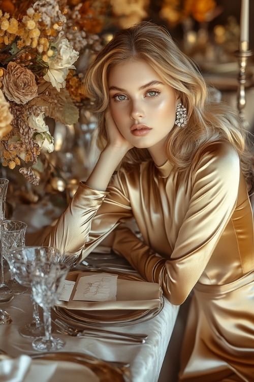 a woman wears a champagne gold satin wedding guest dress with long sleeves