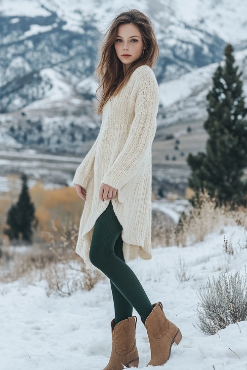 a woman wears a cream sweater dress, green tights and brown cowboy boots