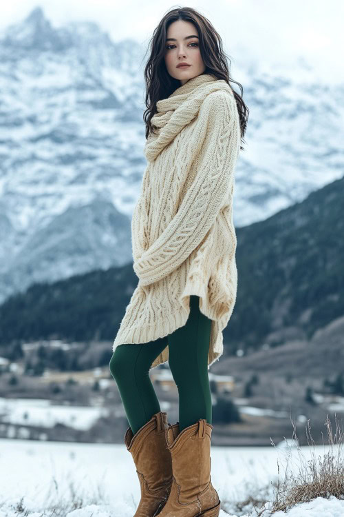 a woman wears a cream sweater dress, scarf, green tights and brown cowboy boots