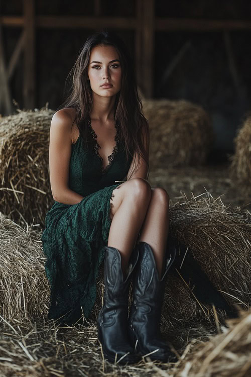 a woman wears a dark green lace dress and black cowboy boots