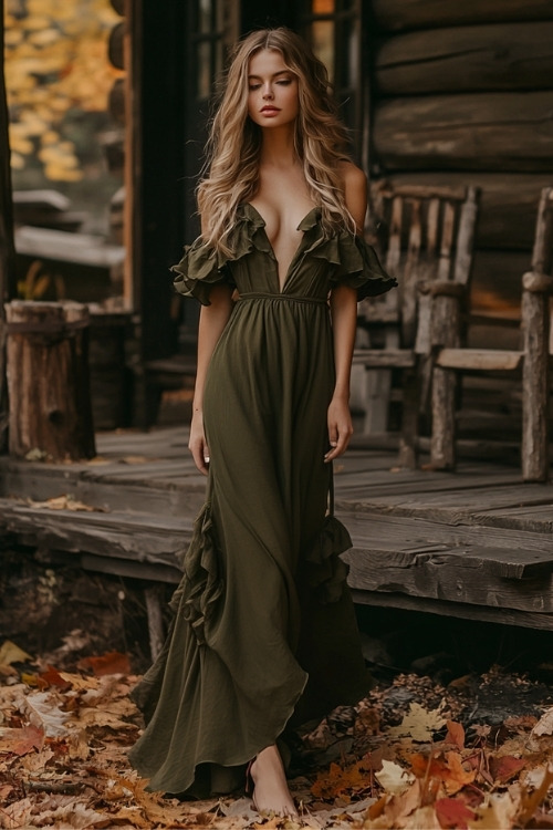 a woman wears a dark green wedding guest dress with ruffles