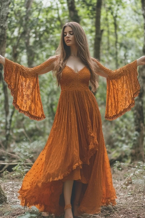 a woman wears a dark orange wedding guest dress with bell sleeves