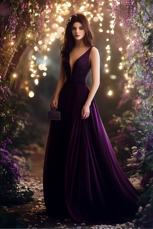 a woman wears a dark purple wedding guest dress with a plunging neckline