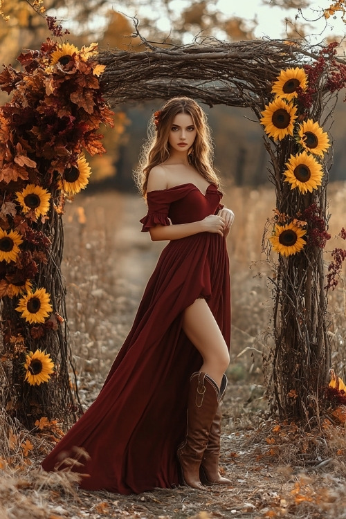 a woman wears a deep red wedding guest dress with brown cowboy boots