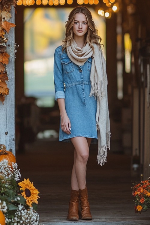 a woman wears a denim wedding guest dress with brown boots