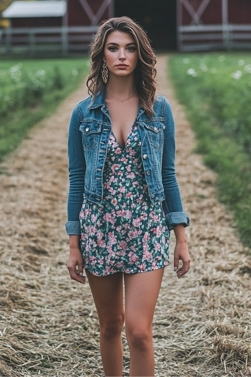 a woman wears a fall dark floral wedding guest dress with a denim jacket