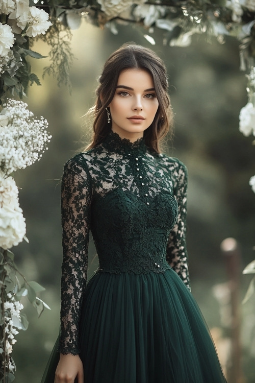 a woman wears a forest green lace wedding guest dress with long sleeves