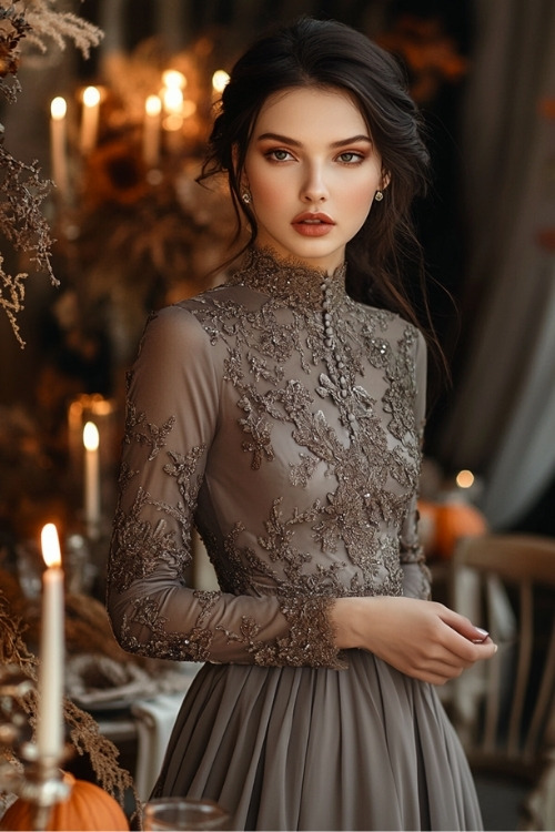 a woman wears a gray wedding guest dress with lace details