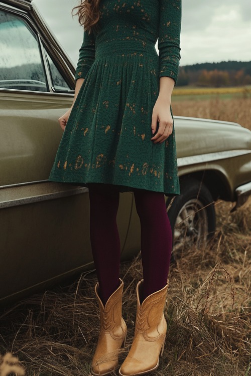 a woman wears a green dress, tights and brown cowboy boots