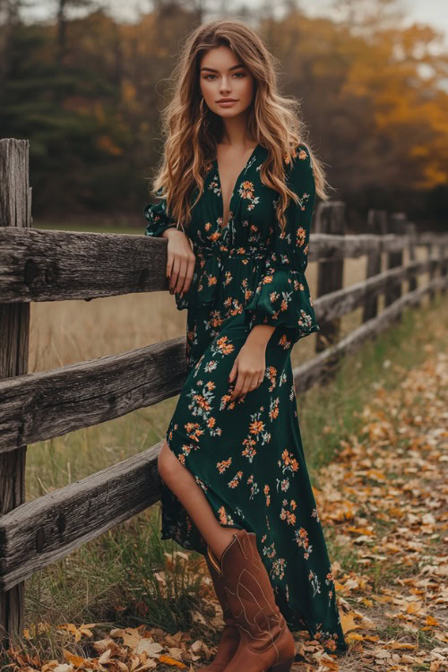 a woman wears a green floral wedding guest dress and brown cowboy boots