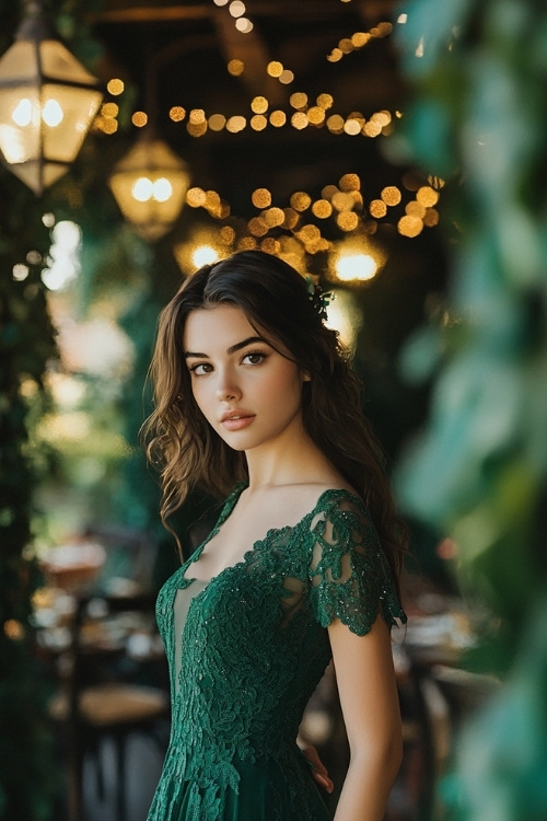 a woman wears a green lace wedding guest dress with short sleeves