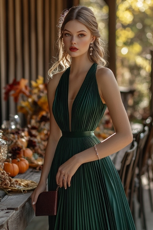 a woman wears a green pleated wedding guest dress with a halter neck