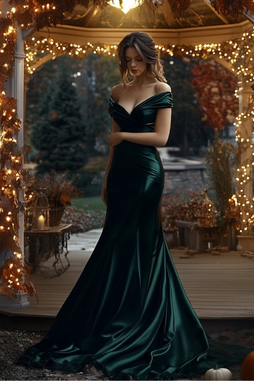 a woman wears a green satin wedding guest dress with an off shoulder design