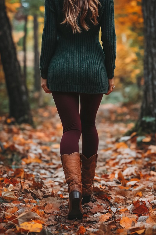 a woman wears a green sweater dress, burgundy tights and brown cowboy boots