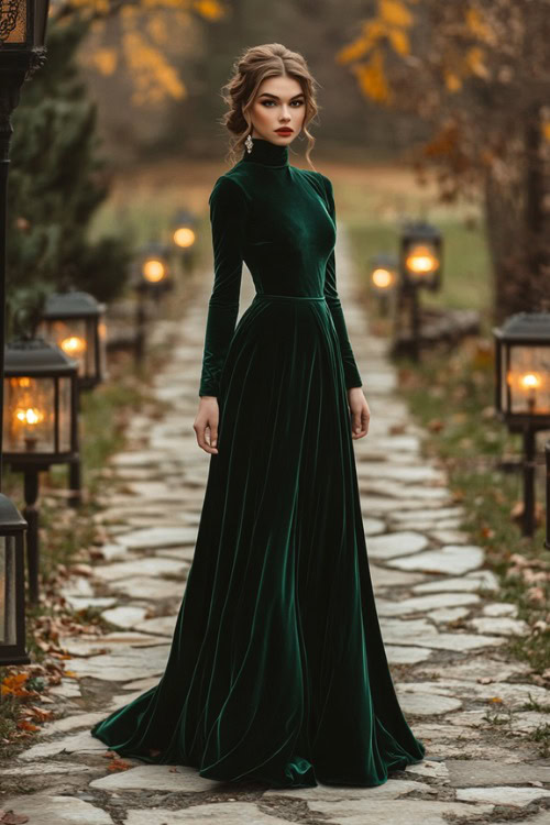 a woman wears a green velvet wedding guest dress with a high neck