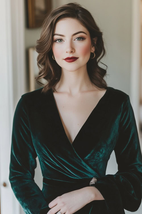 a woman wears a green velvet wrap wedding guest dress with long sleeves