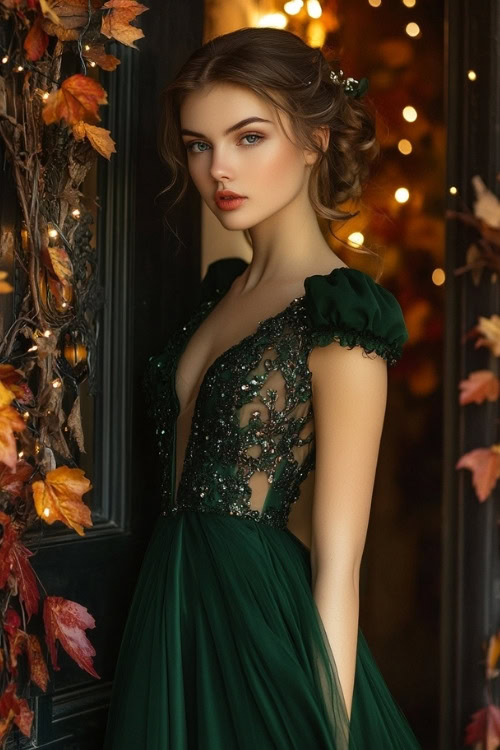 a woman wears a green wedding guest dress with a lace bodice