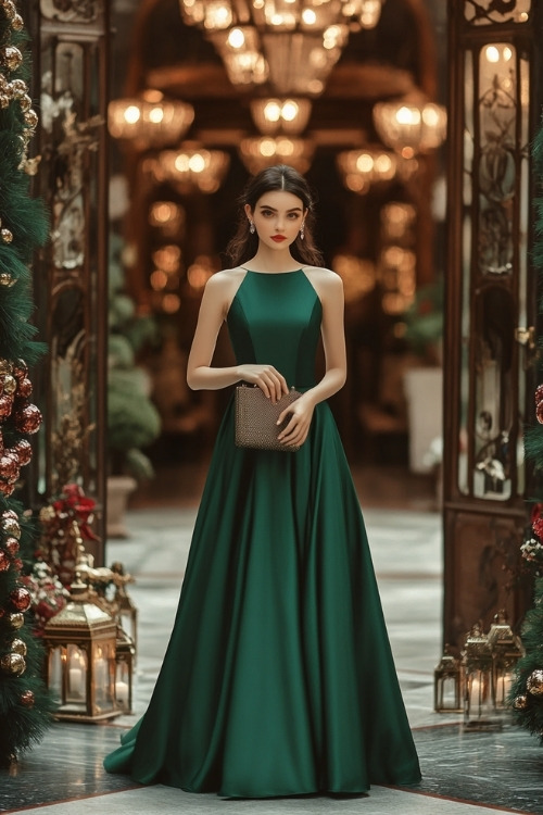 a woman wears a green wedding guest dress with a square neckline