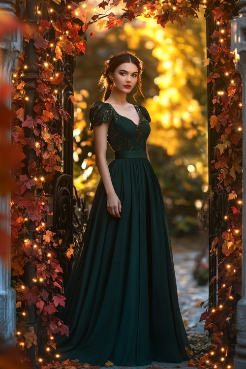 a woman wears a green wedding guest dress with short sleeves