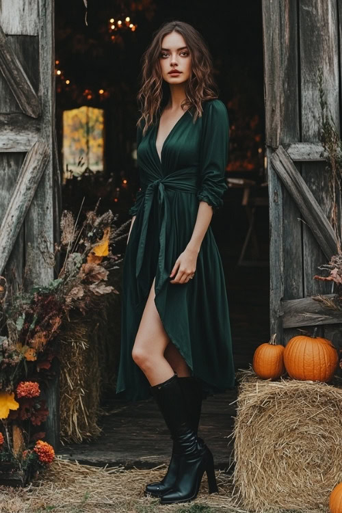 a woman wears a green wrap wedding guest dress with black heeled boots