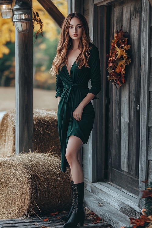 a woman wears a green wrap wedding guest dress with lace-up black boots